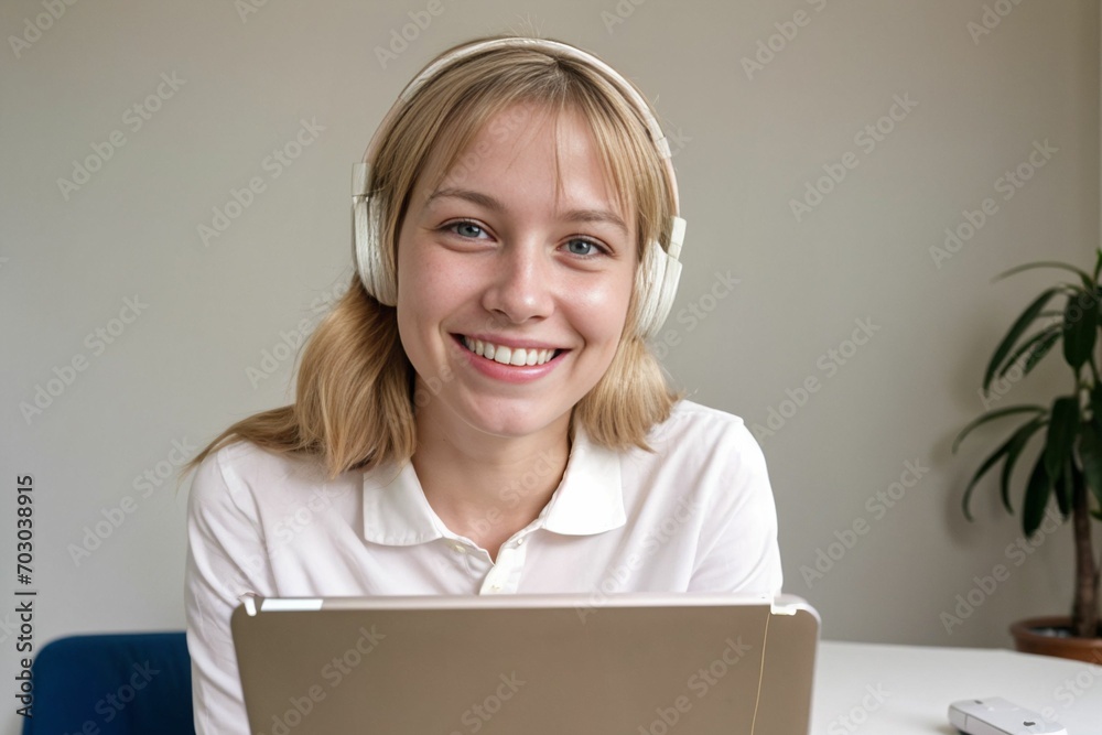 a female student in a virtual classroom using a webcam in a meeting or conference talking to peers and teachers a female student in a virtual classroom using a webcam in a meeting or conference talking to peers and teachers