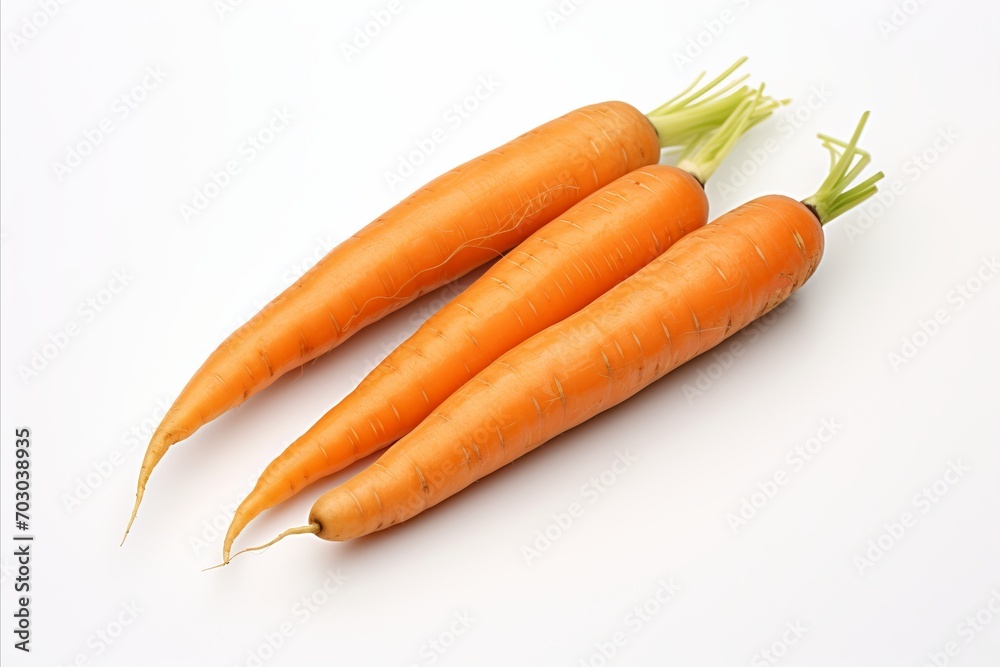 Vibrant carrots on a clean white background for eye catching advertisements and packaging designs Vibrant carrots on a clean white background for eye catching advertisements and packaging designs