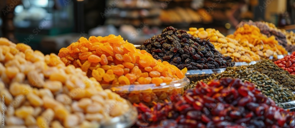 Dried fruits, sweets, and snacks at the food market.