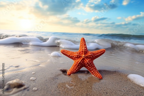 starfish on the beach Starfish on summer sunny beach at ocean background. Travel  vacation concepts