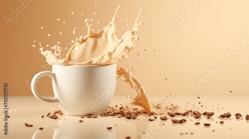 white cup of coffee with splashes, coffee beans, and copy space on beige gradient background