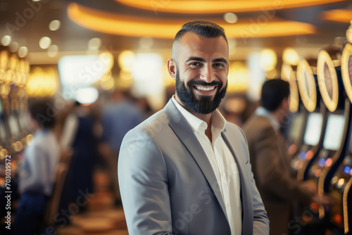 Happy Arab man at casino slot machines enjoying nightlife lifestyle