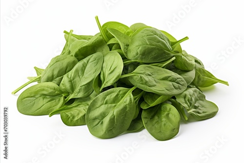 Fresh vibrant spinach leaves on white backdrop, eye catching visuals for ads and packaging designs.