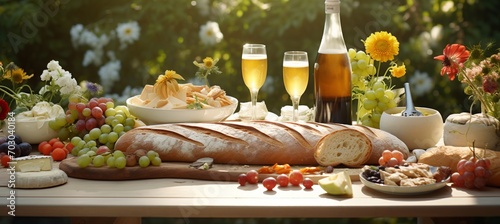 Cheerful bokeh backdrop with bountiful picnic spread, featuring finger foods and sparkling beverages