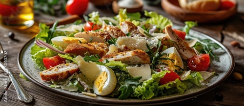 Italian Caesar salad with chicken, parmesan cheese, quail eggs, lettuce, tomatoes and croutons on a plate.