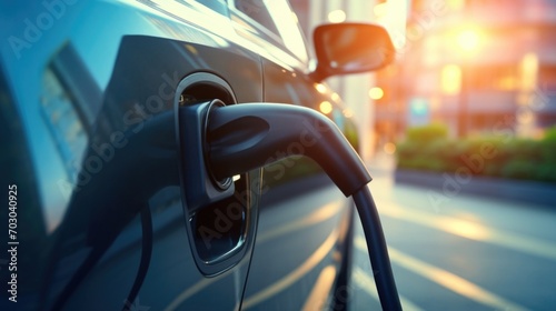 Closeup of a compact electric cars plugin charging port  representing a shift towards ecofriendly transportation.