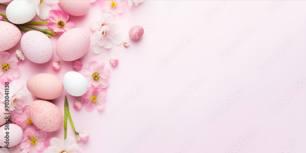 Pink speckled Easter eggs with delicate flowers on a soft pink background.