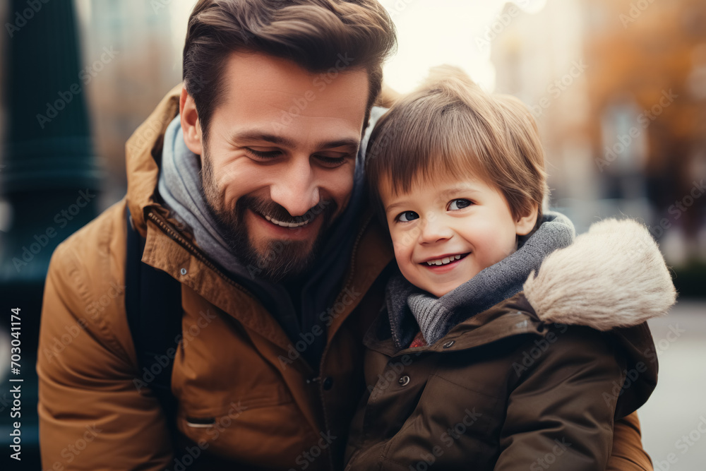 A smiling father and his young son enjoying time together outdoors, both wearing jackets. A smiling father and his young son enjoying time together outdoors, both wearing jackets.