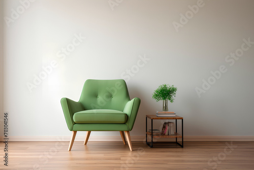 In a modern interior  a white-walled space boasts a wooden floor  an accent chair with a green cushion  and scattered books artfully arranged on the floor.