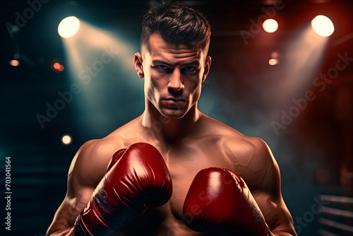 A powerful boxer stands poised for the ring, captured in a super cool photo under the spotlight, ideal for advertising. © Uliana