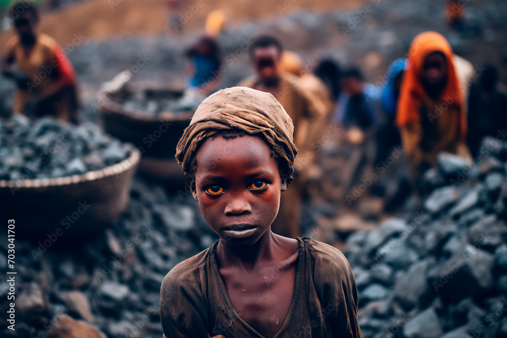 concept of poor African people suffer by extracting useful minerals in inhumane conditions. Cobalt mining in the Congo. Silent genocide in the Congo