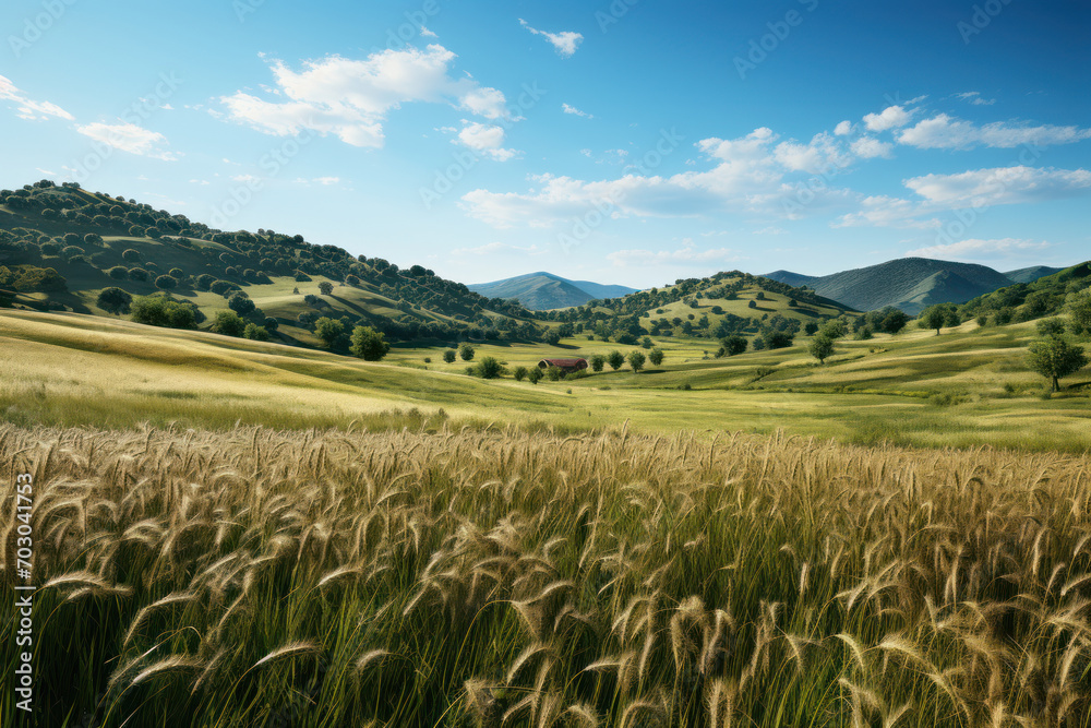 Rolling hills covered in fields of teff, a tiny but nutritious grain, contributing to the diverse landscape of cereal agriculture. Generative Ai.