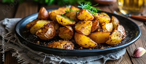 Country-style roasted potatoes, a traditional Christmas dinner side dish, served in a rustic black plate on a kitchen towel, are appetizing and crisp with garlic seasoning.