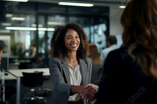 A meeting between women in a business office workplace environment to hire, enrol, introduce or conclude deal or introduce each other in a happy relaxed atmosphere