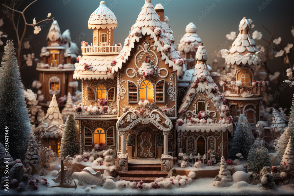 Obraz premium An intricate gingerbread house, a labor of love adorned with sweet decorations, capturing the whimsy and creativity of holiday baking. Generative Ai.