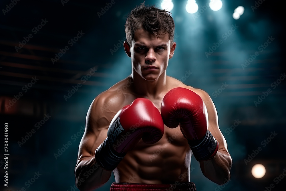 A powerful boxer stands poised for the ring, captured in a super cool photo under the spotlight, ideal for advertising. A powerful boxer stands poised for the ring, captured in a super cool photo under the spotlight, ideal for advertising.