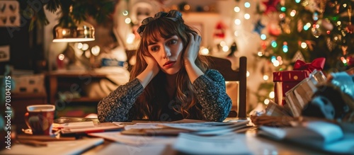 Stressed mom overwhelmed with Christmas party planning. photo