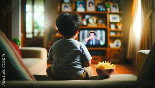 Cute little boy watching movie on tv while sitting on sofa at home photo