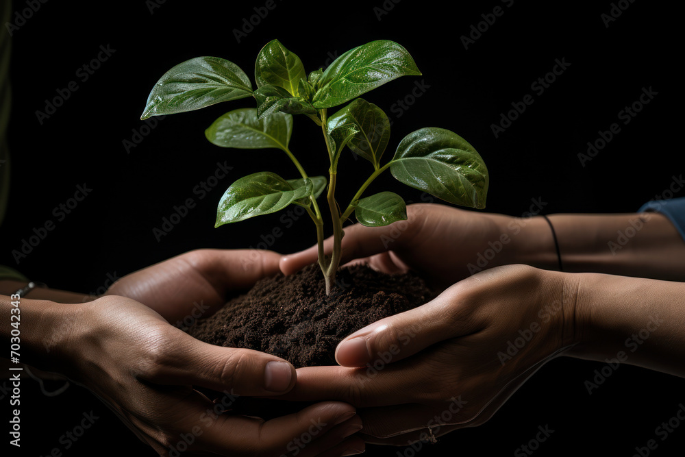 A pair of hands gently cradling a growing plant, representing the nurturing care and responsibility associated with environmental stewardship. Concept of sustainability. Generative Ai. A pair of hands gently cradling a growing plant, representing the nurturing care and responsibility associated with environmental stewardship. Concept of sustainability. Generative Ai.