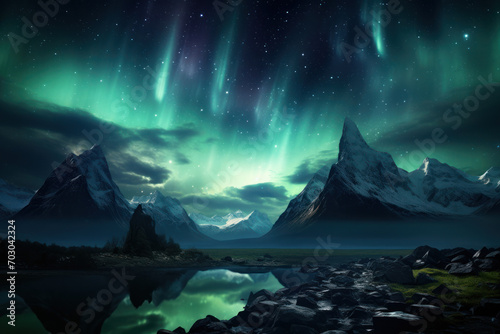 A mesmerizing celestial display of the northern lights dancing across the night sky, evoking a sense of wonder and cosmic beauty. Concept of natural wonders. Generative Ai. © Sebastian