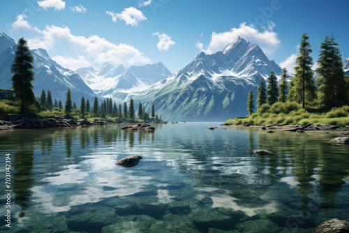 A serene mountain lake reflecting the towering peaks surrounding it, offering a moment of tranquility and introspection. Concept of peaceful solitude. Generative Ai. © Sebastian