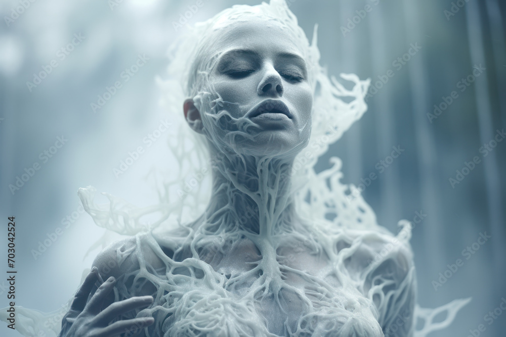 A fleeting chill on the skin, as if touched by an invisible presence, creating a ghostly shiver. Concept of spectral sensations. Generative Ai. A fleeting chill on the skin, as if touched by an invisible presence, creating a ghostly shiver. Concept of spectral sensations. Generative Ai.