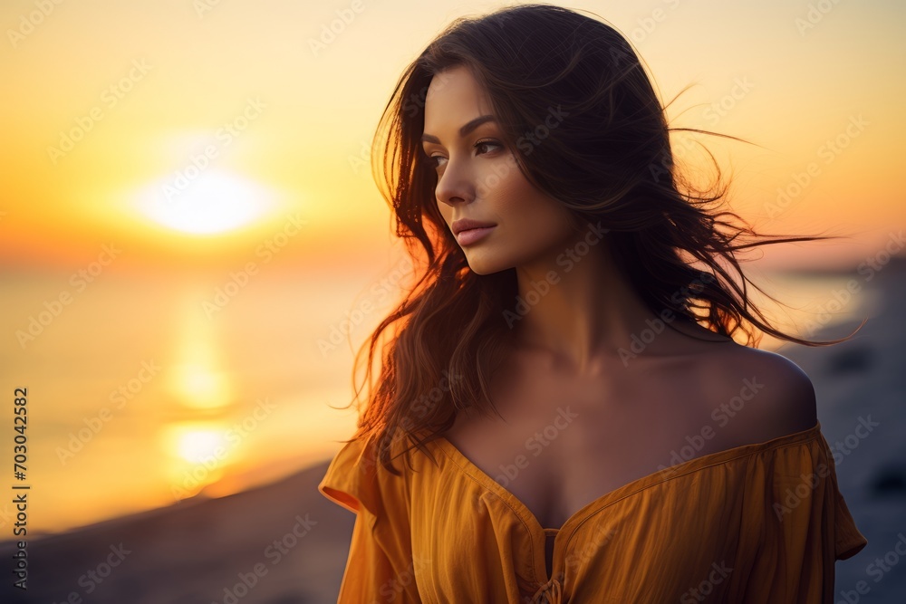 A sophisticated woman in a stylish cold shoulder blouse enjoys a serene sunset on a tranquil beach, her silhouette beautifully contrasting against the vibrant hues of the setting sun