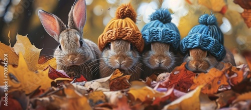 Autumn-dressed rabbits in woolen hats.