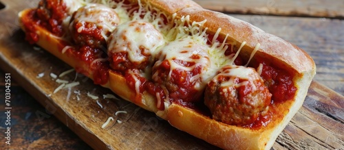 American fast food meatball sub with Italian marinara sauce and cheese. photo
