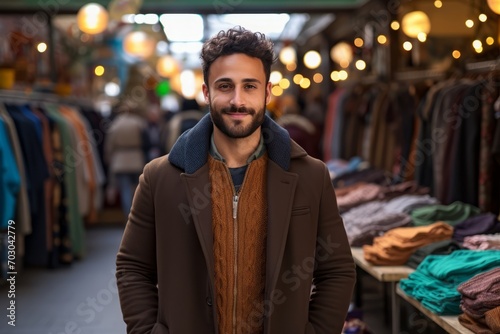 A young Middle Eastern man with a stylish beard and captivating brown eyes, standing confidently in a bustling marketplace with colorful stalls and vibrant energy © aicandy