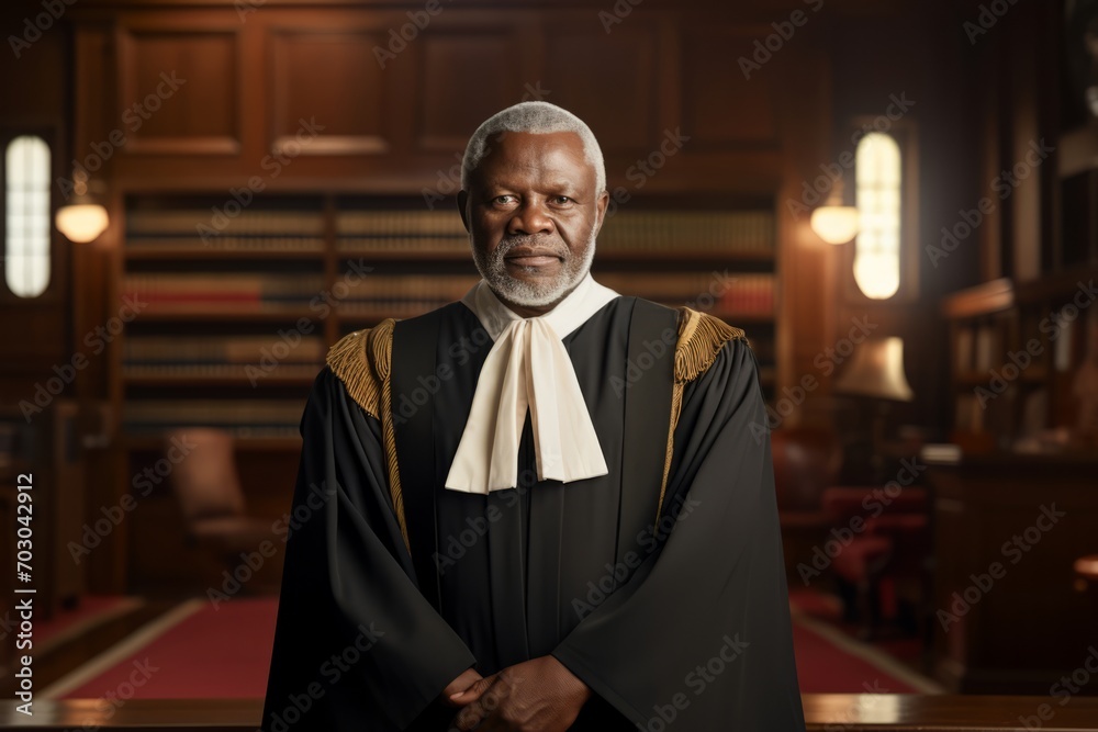 Respected Judge in Traditional Robes, Standing Firmly in Front of the Court's Emblem, Delivering Justice with Unwavering Determination Respected Judge in Traditional Robes, Standing Firmly in Front of the Court's Emblem, Delivering Justice with Unwavering Determination