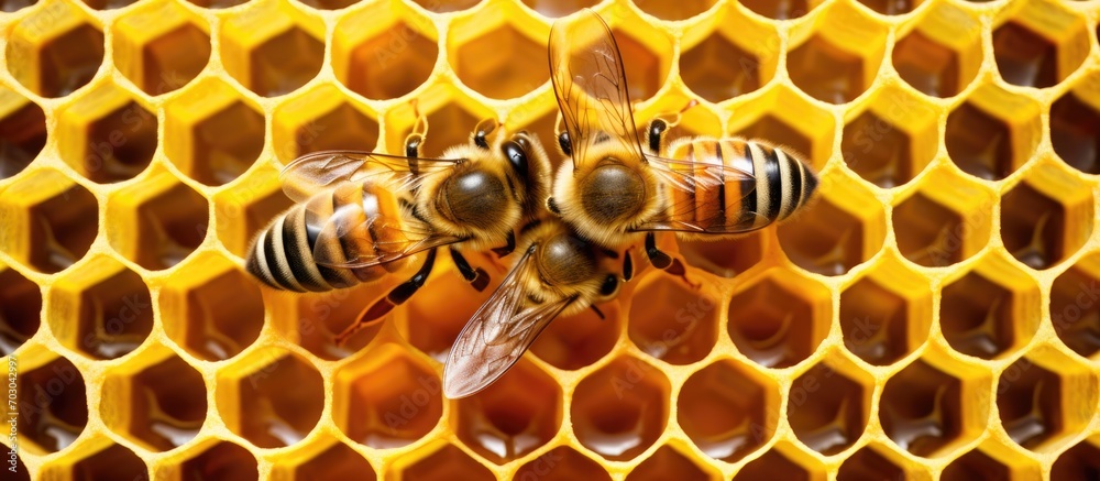 Highlighted queen bee with surrounding bees in a honeycomb detail. Highlighted queen bee with surrounding bees in a honeycomb detail.