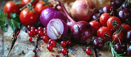 Quercetin, a plant pigment, is present in various fruits and vegetables including red onions, berries, and tomatoes, as evidenced by their molecular structure. photo