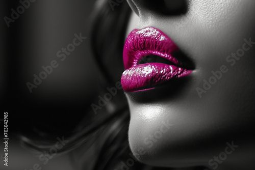 Black and white closeup of a woman's lips with pink lipstick