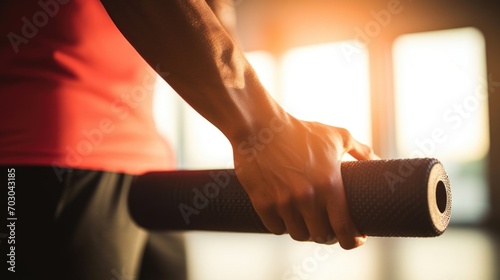 Closeup of a hand massaging sore muscles with a foam roller, emphasizing the importance of postworkout recovery. photo