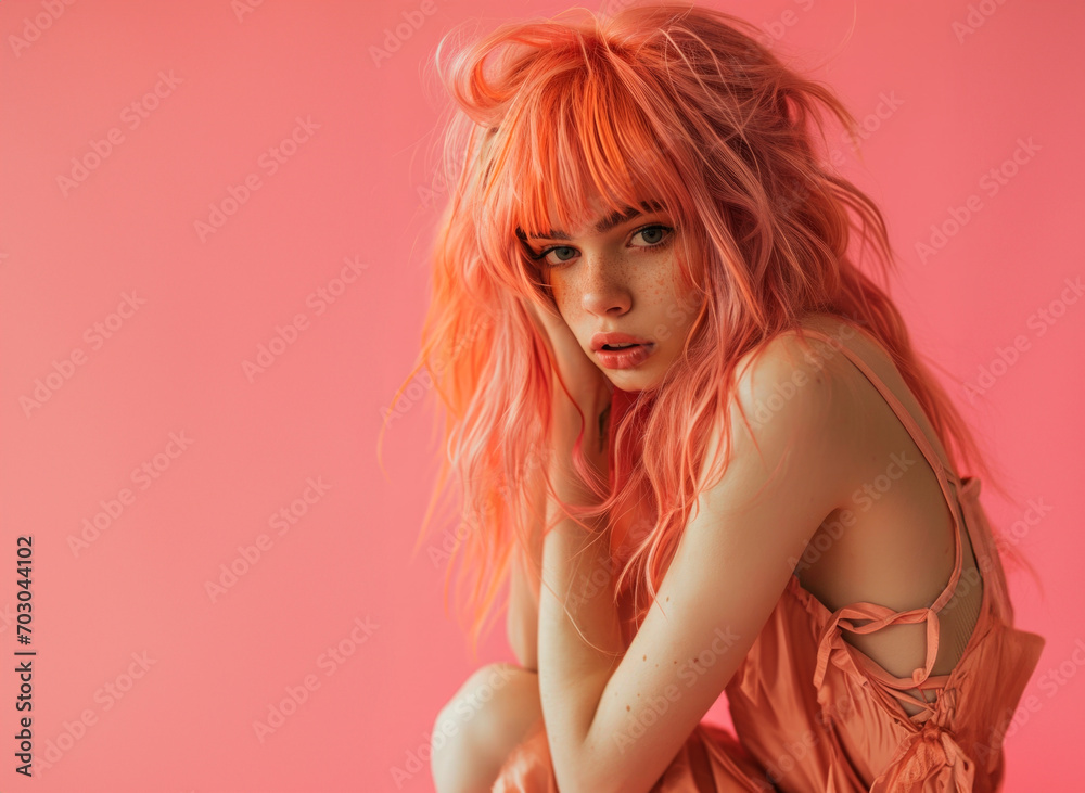 fancy teen model girl with peach color dyed hair fancy teen model girl with peach color dyed hair