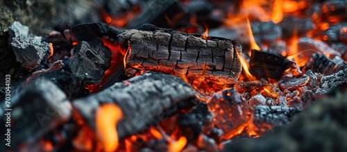 Embers and ash intertwine in the hearth. Charcoal briquettes create a fiery backdrop. Bonfire cooking with coal. Barbecue ashes for outdoor food preparation. photo