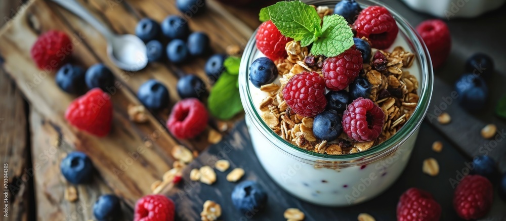 Breakfast with yogurt, fruits, and muesli. Breakfast with yogurt, fruits, and muesli.