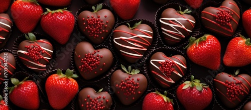 Assorted chocolate-covered strawberries in heart-shaped packaging. photo