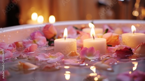 Closeup of a relaxing bubble bath  with lit candles and flower petals floating on the waters surface.