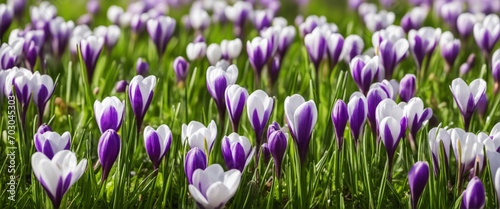 Purple and white crocuses blooming on a green meadow under the morning sun - Spring landscape banner with room for text