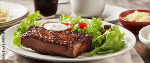 Delicious BBQ ribs with salad and sauce on a plate