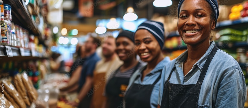 Smiling group of diverse store workers in a grocery store.