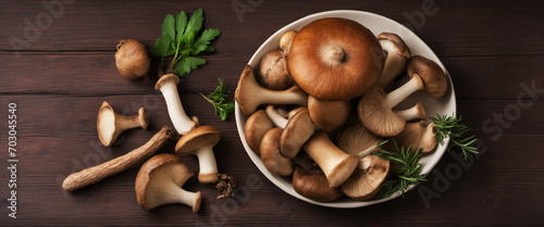 Forest mushrooms in a rustic bowl with herbs on wooden table, top view photo