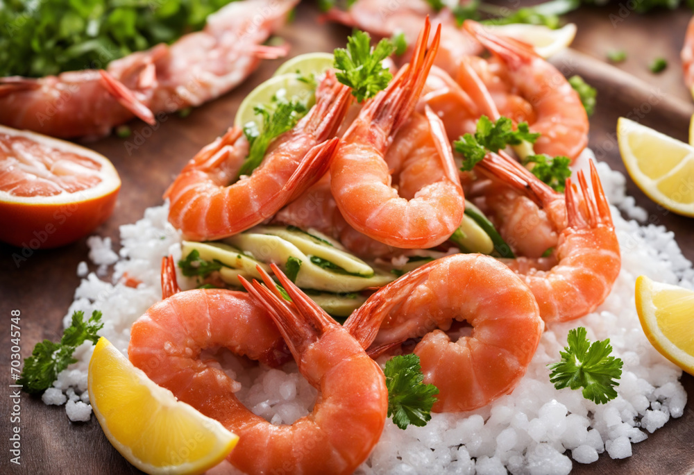 Argentinian red prawns with salad on chilled platter Argentinian red prawns with salad on chilled platter