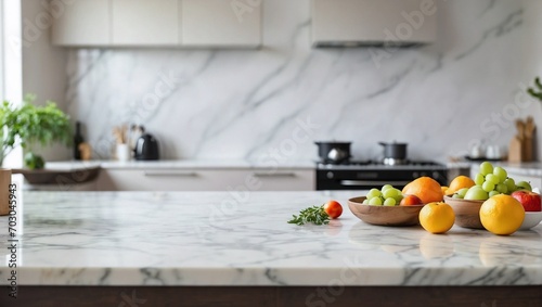 Blurred Modern Kitchen Countertop, Marble Table and Kitchen Tools on Empty Marble Table Background