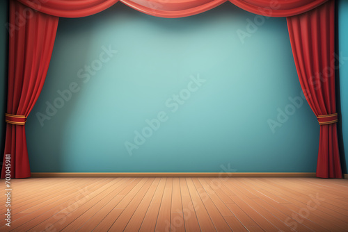 Cartoon theater stage with red curtains. Classic theatre scene for performance, opera, concert, dance or music show. Background, ai generative