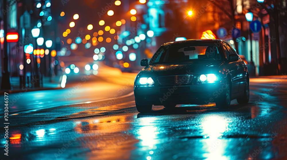 The night city landscape, in the photo of which a car with bright headlights moves along a highlig