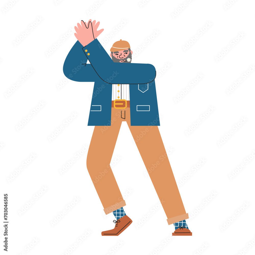Cool stylish senior in flamenco class. Fashionable elderly personage dancing alone. Third-aged man having active lifestyle. Single cute character hand drawn flat vector illustration isolated on white