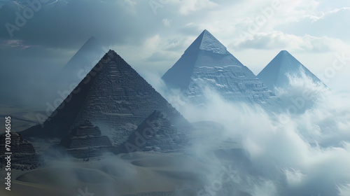 Pyramids, immersed in a foggy mystical fog, creating an atmosphere of secrets